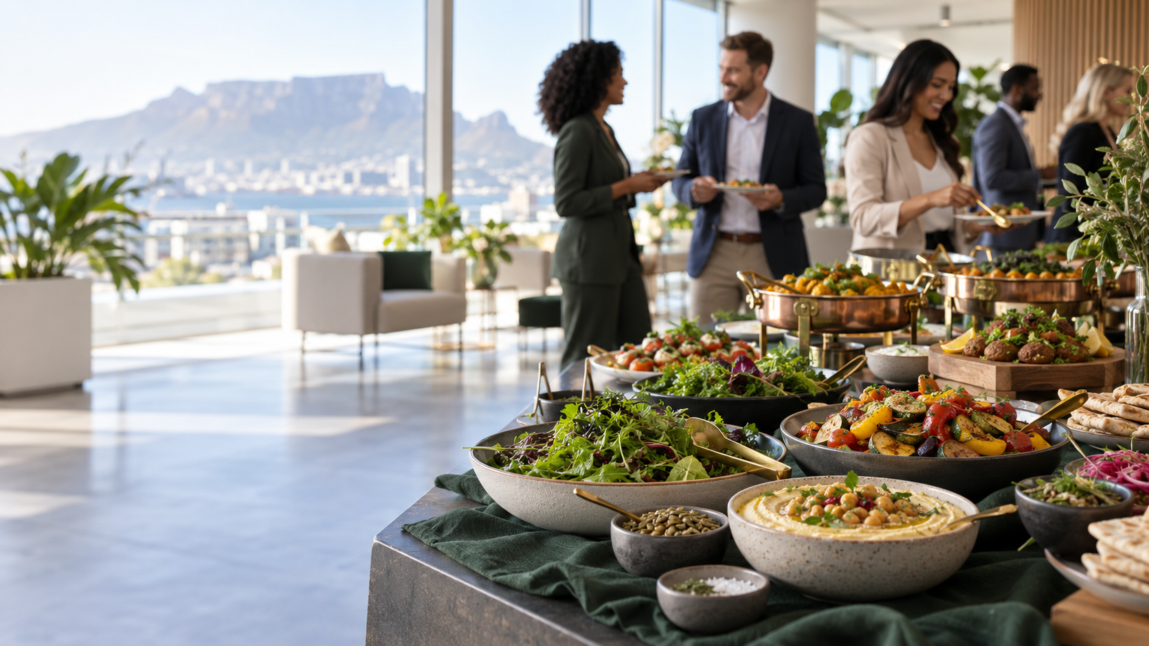 Contemporary corporate buffet with fresh salads and warm dishes in Cape Town